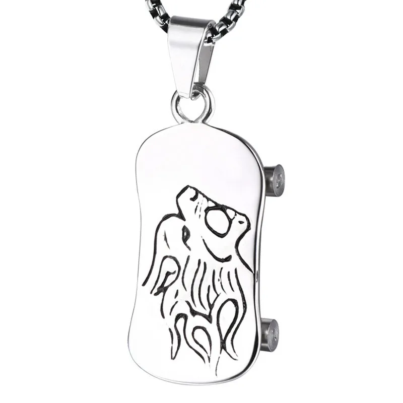 

2019 Hip Hop Silver Gold Color Stainless Wolf Head Skateboard Pendants Chains Charms Bling Scooter Men's Jewelry Gifts Wholesale