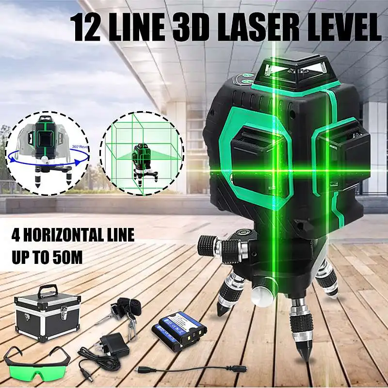 

360 Degree 12 Line 3D Green Laser Level Self Leveling Vertical & Horizontal Cross Leve Super Powerful green Laser Beam