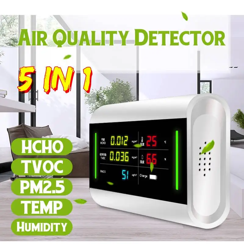 

5 in 1 LCD Digital Formaldehyde Detector Meter Multifunctional Gas Analyzer HCHO / TVOC / PM2.5/Temperature/Humidity Household