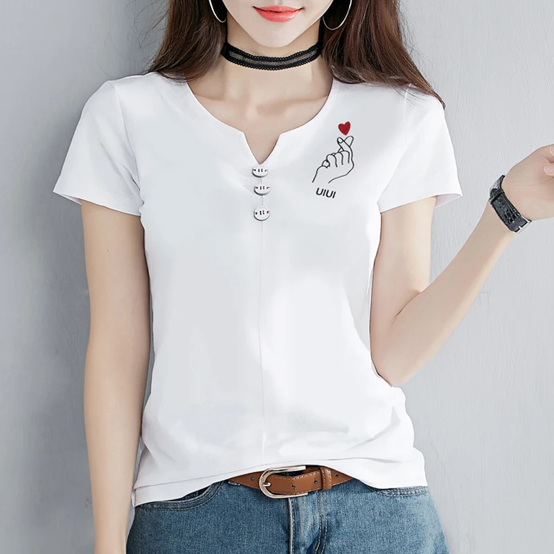 

XUXI 2019 Summer Tshirt Women T-shirts Cartoon Than Heart Pattern T Shirt V Neck Short Sleeve Casual Female Tee Tops FZ134