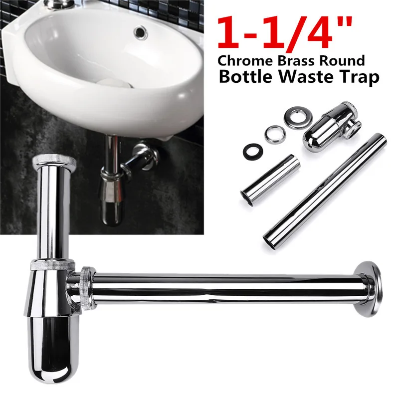 Standard 1 1/4" Chrome Brass Round Bottle Trap Waste P Trap Bathroom