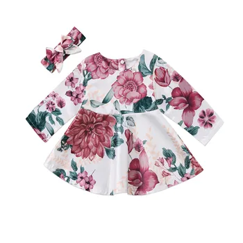 

Pudcoco Newborn Toddler Kid Baby Girls Long Sleeve Floral Dress Party Pageant Dresses Headwear Clothes Outfits Age 0-2Y