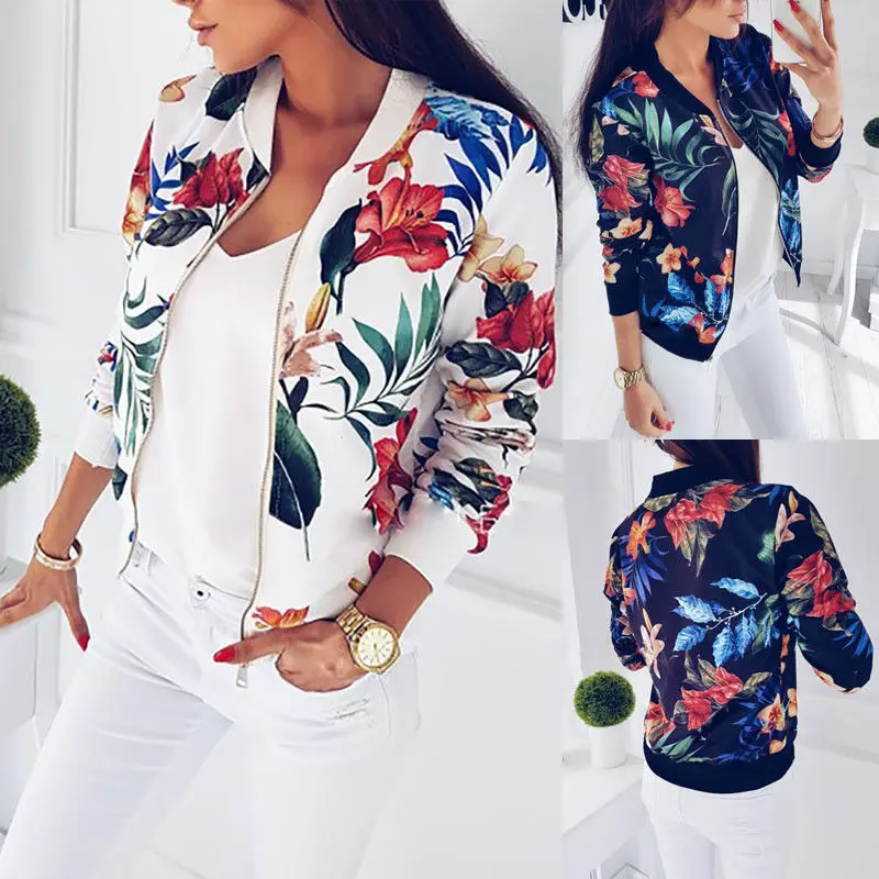 

arrival Casual Womens Ladies Retro Floral Zipper Up Bomber Jacket Coat Long Sleeve Outwear White Navy Blue