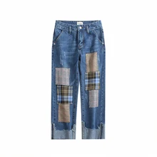 Джинсы для женщин, Новое поступление, джинсы для женщин, стиль полной длины светло до середины кнопка карманы, манжеты прямые Свободные Модный пэчворк