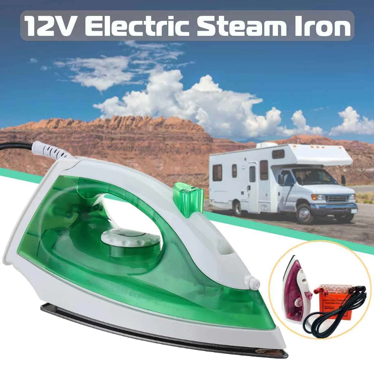 

12V Electric Clothes Steam Iron Steamer Flatiron 150W 50Hz For Camper Travel Outdoor Non-stick Soleplate Spray Mist Feature