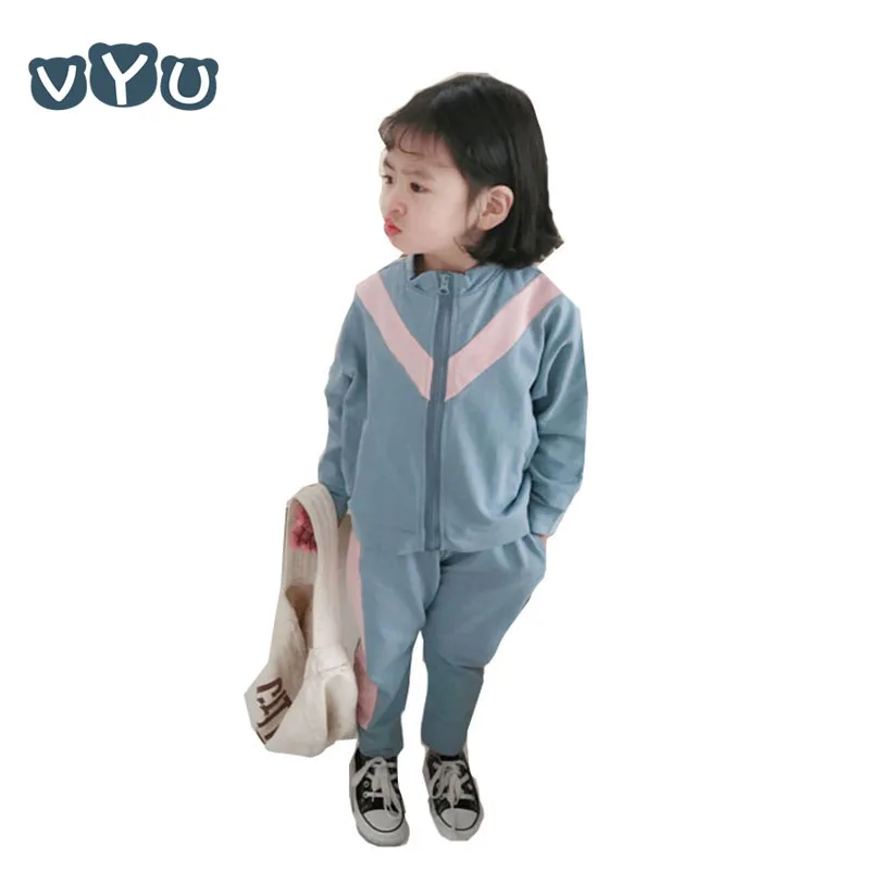 

2019 Spring Autumn Kids Boys Girls Casual Long-sleeved Zipper Coat + Long Pant 2 Pieces Set Patchwork Children Tracksuit