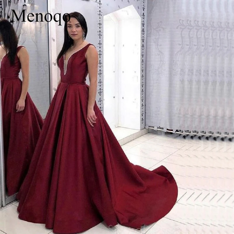 

Menoqo Elegant Robe de soiree 2019 Sexy Backless Evening Dress For Party Gown Burgundy Long Train Evening Dress Custom Made