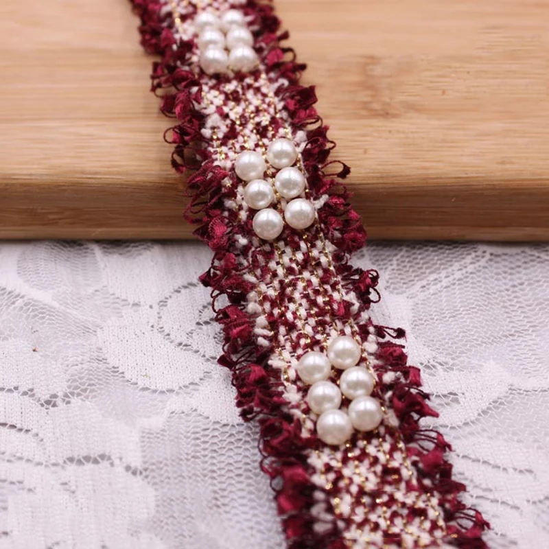 

Braided Lace 3cm Polyester Acrylic Beaded Trim Imitation Pearl Ribbon Sewing Crafts Accessory Hometextile Embellishment 0.9m 1PC