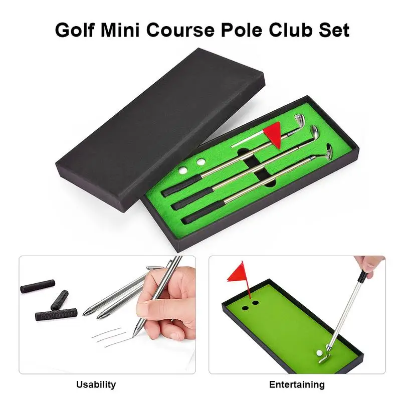 Golf Mini Course Pole Club Set Golf Pen Set Mini Desktop Golf Ball Pen Gift Set Putting Green Flag Golf Clubs Models Ballpoint