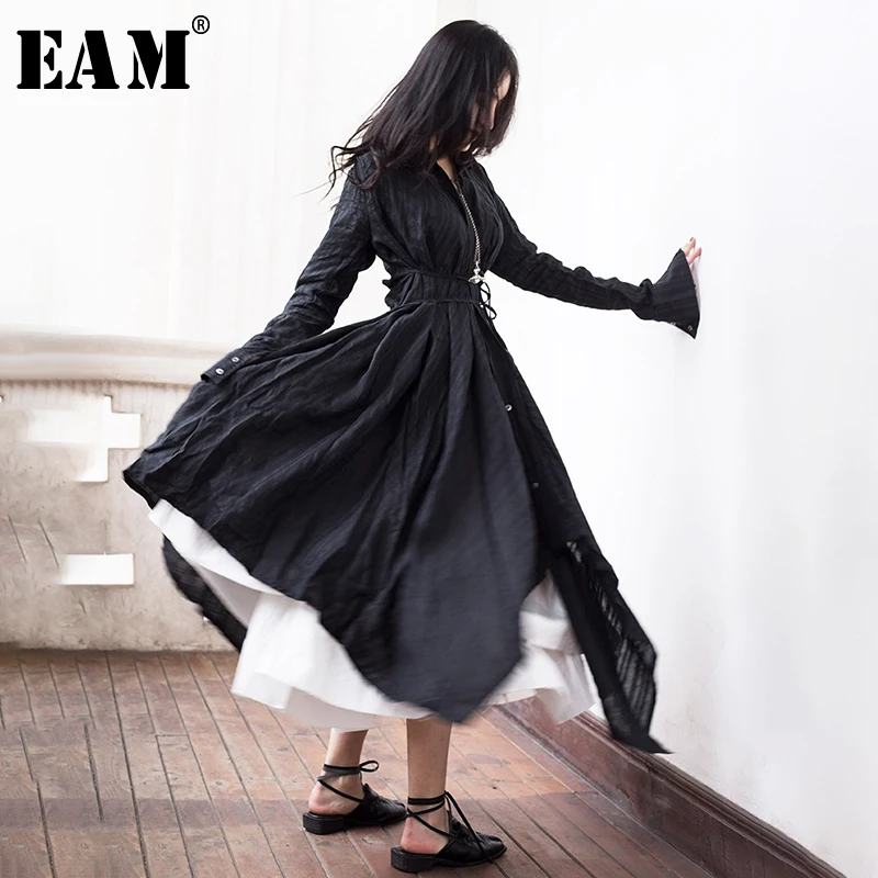 

[EAM] 2019 New Autumn Winter Lapel Long Sleeve Black Fold Spliced Bandage Irregular Hem Shirt Dress Women Fashion Tide JR388