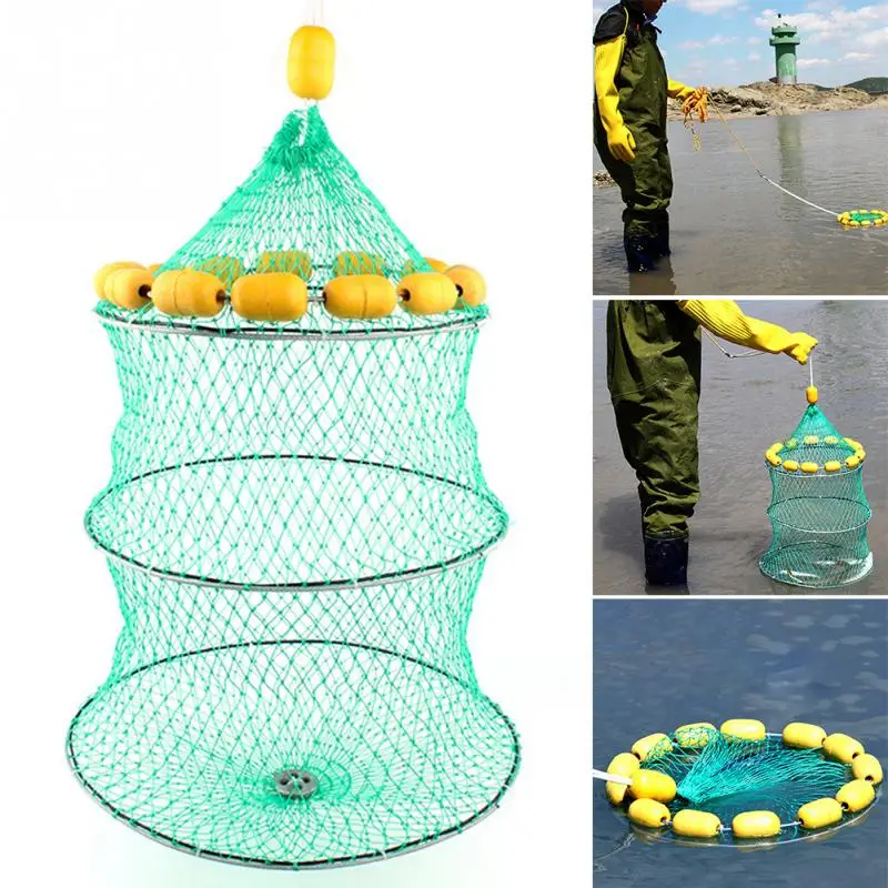 Knot 3 layer Outdoor Green Collapsible Fishing Net Buoyancy Live Bait ...