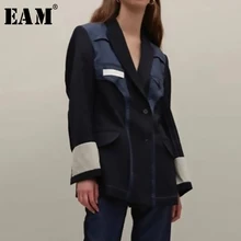 [EAM] Новинка, осенне-зимняя куртка с отворотом, длинным рукавом, хит, расцветка, раздельная, свободная, индивидуальная куртка, Женское пальто, модное, Tide JU179
