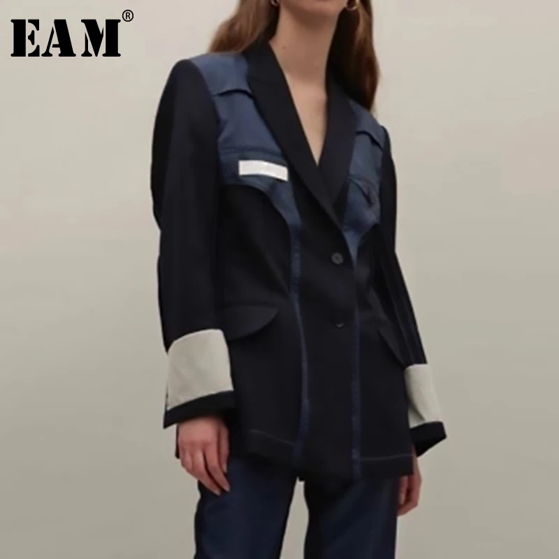 

[EAM] 2020 New Autumn Winter Lapel Long Sleeve Hit Color Split Joint Loose Personality Jacket Women Coat Fashion Tide JU179