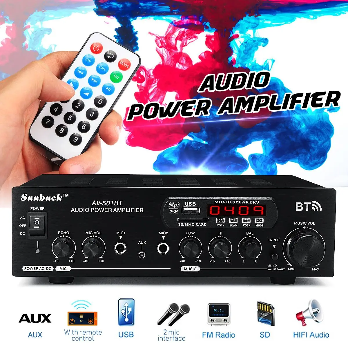 

bluetooth Audio Power Amplifier 2000W 110V/220V DC 12V AUX input USB SD 2 x Mic input Home Theater Amplifiers