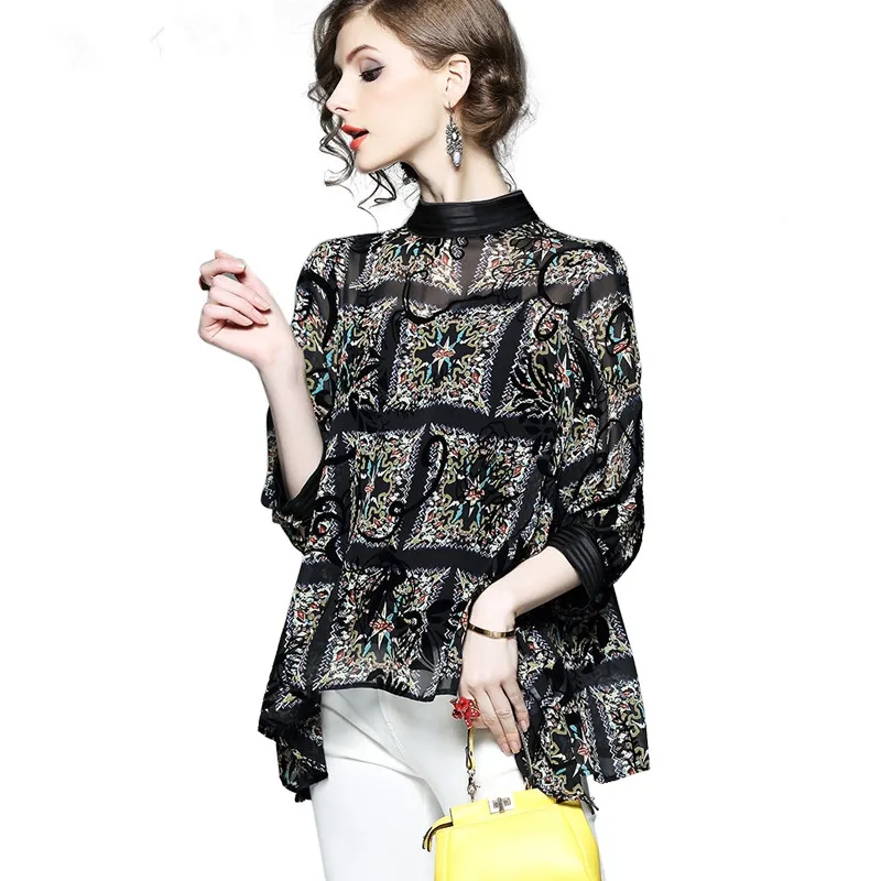 

Two Pieces 2019 Fashion Womens Summer Tops With Strap Stand Neck Floral Print Black Chiffon Blouse Loose Plus Size Women Shirt
