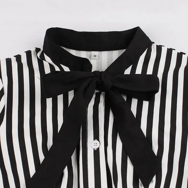 Cena 2019 Vintage Stripe Midi sukienka kobiety lato muszka kołnierz z krótkim rękawem eleganckie biuro Casual stylowe Goth sukienki rockabilly
