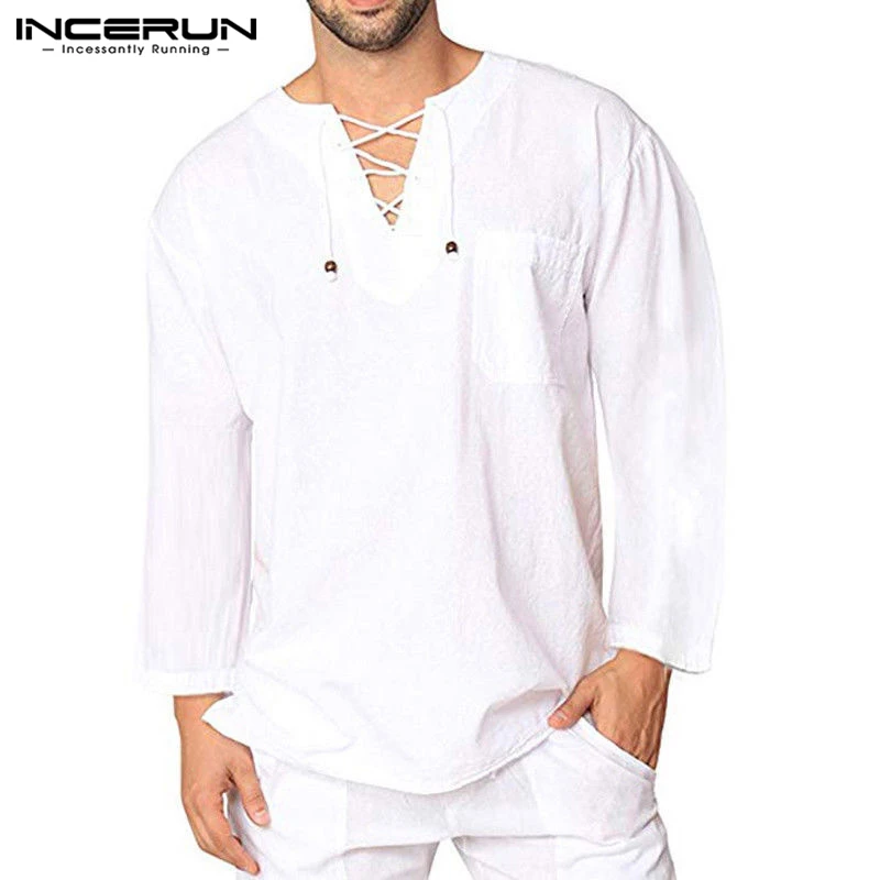 Streetwear Mens Shirts Bandage Lace Up V Neck Long Sleeve Tee Camisa Chemise Hombre Medieval Renaissance Fashion Men Clothing