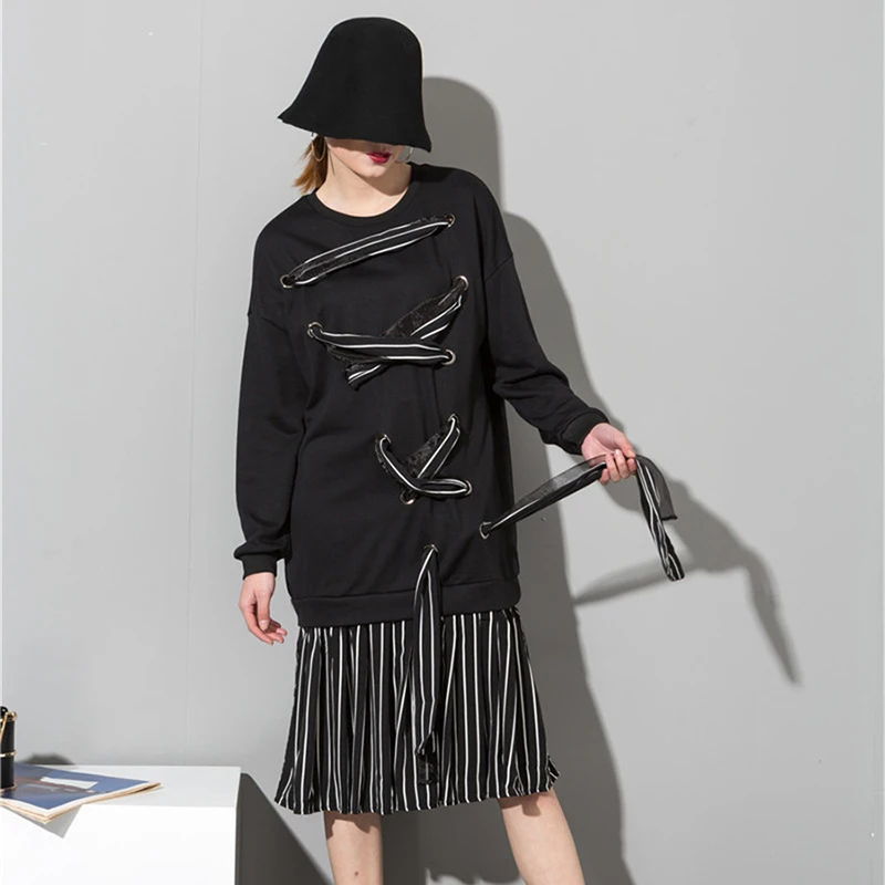 

LANMREM 2019 Spring New Striped Cross Bandage Patchwork Hemline Dress For Women Round Neck Long Sleeve Fashion Clothing JO280