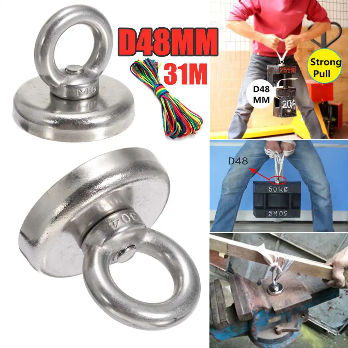 

Fishing Steel Ring Eyebolt Neodymium Recovery Magnet + 31M Paracord Rope Hardware Tools Holding Fixture 52KG 48mm x 40mm