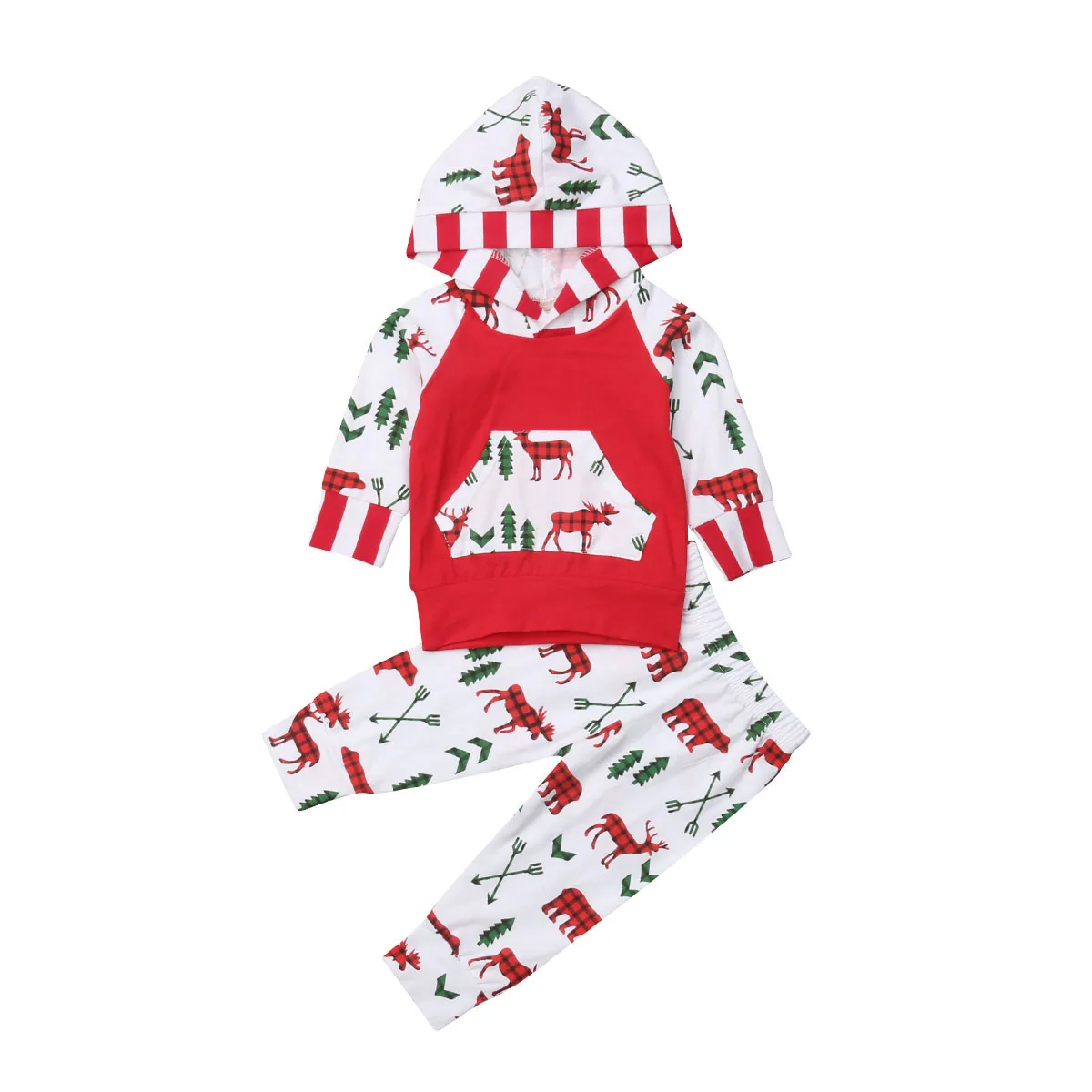 Рождественские Топы с капюшоном и длинными рукавами с принтом оленя для новорожденных мальчиков и девочек, длинные штаны, комплект из 2