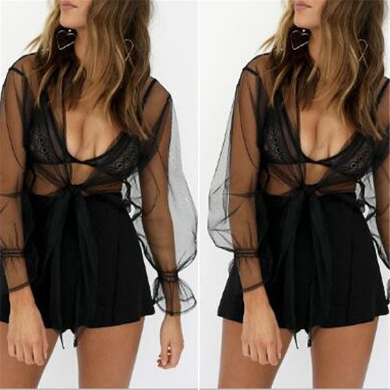 

Hot Fashion Women Mesh Sheer See-through Long Sleeve Crop Top T Shirt