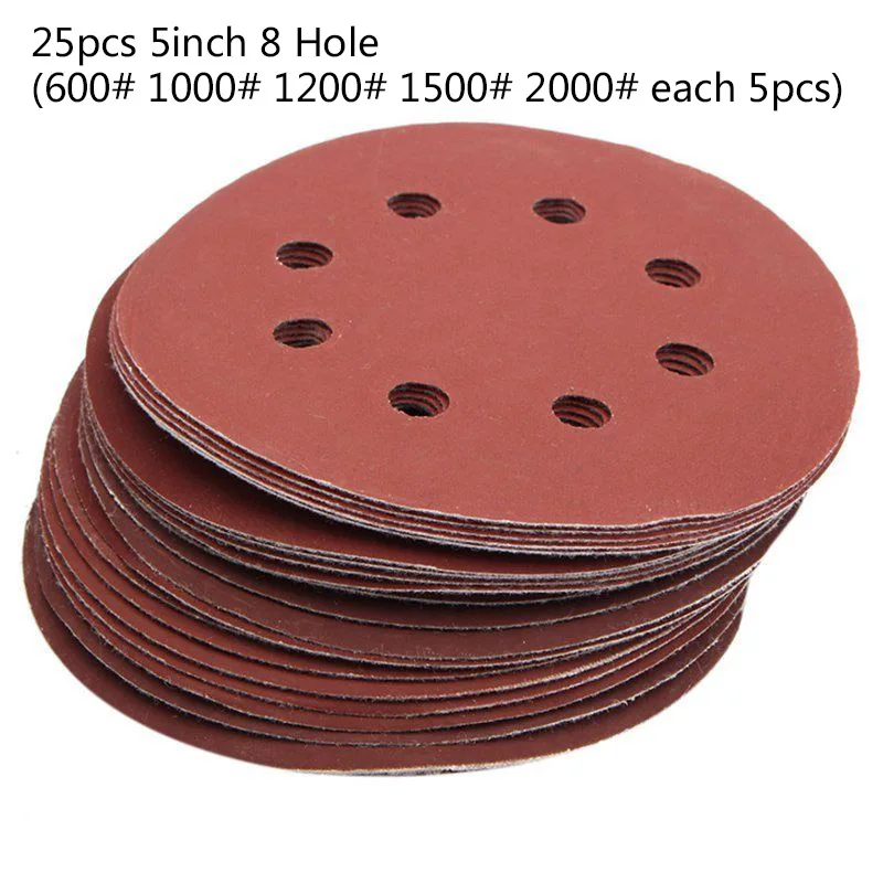 25 шт. 5 дюймов 125 мм(5 шт. каждый) 8 отверстий шлифовальные диски 600-1200 абразивная пилка T1