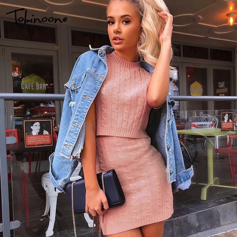 

Tobinoone Sexy Knitted Warm Dresses Women Autumn Winter Two Piece Strapless Casual Sweater Dress Party Female Winter Dress