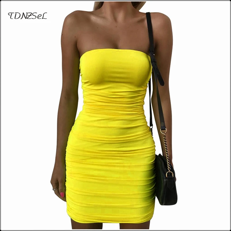 

Sexy Strapless Sheath Elastic Short Mini Dress Sleeveless Women Solid Color Slash Neck Backless Slim Bodycon Dresses Nightclub