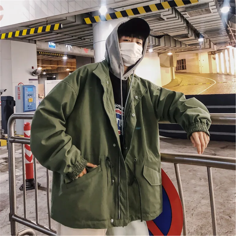 

Spring New Casual Men's Jacket M-XL Long Section Youth Slim Temperament Cotton Polyester Drawstring Solid Color Stand Collar