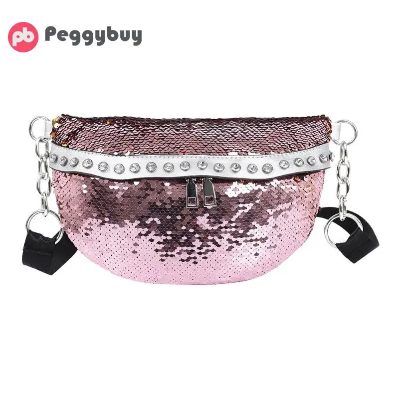 

New Dual Sequins Shoulder Waist Bags Women Large Capacity Crossbody Chest Belt Packs Phone Pouch Rivet Messenger Fanny 2019
