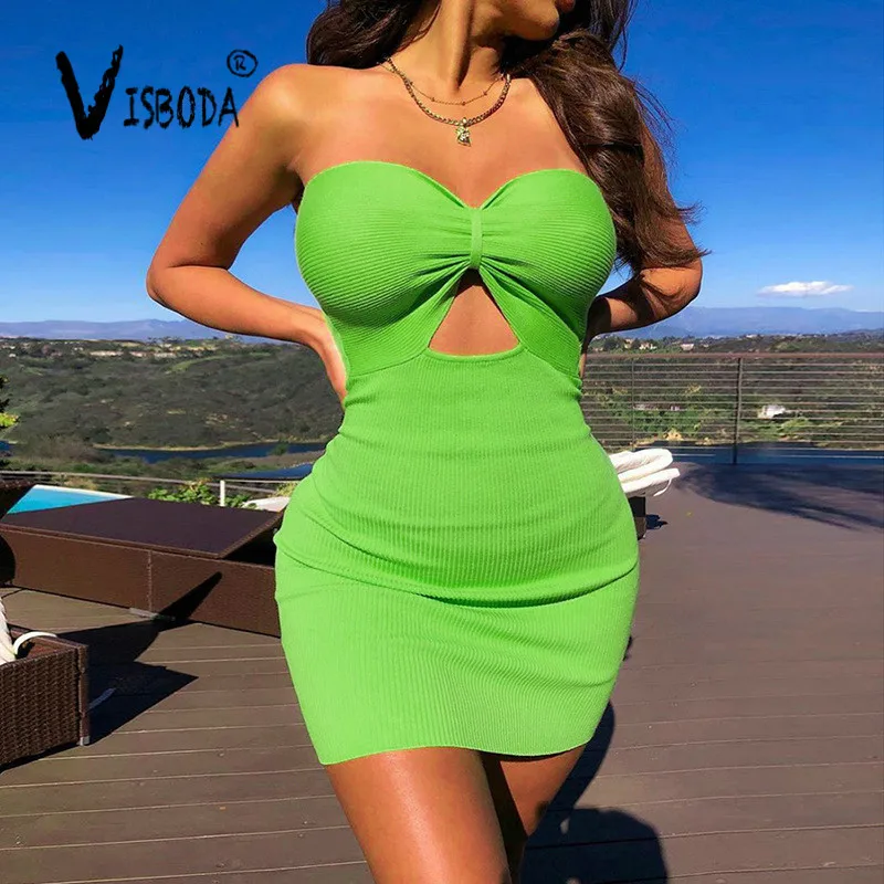 

Women Sexy Strapless Knitted Dress Neon Green Hollow Out Skinny Dress Fashion 2019 Female Sleeveless Club Party Bodycon Dress