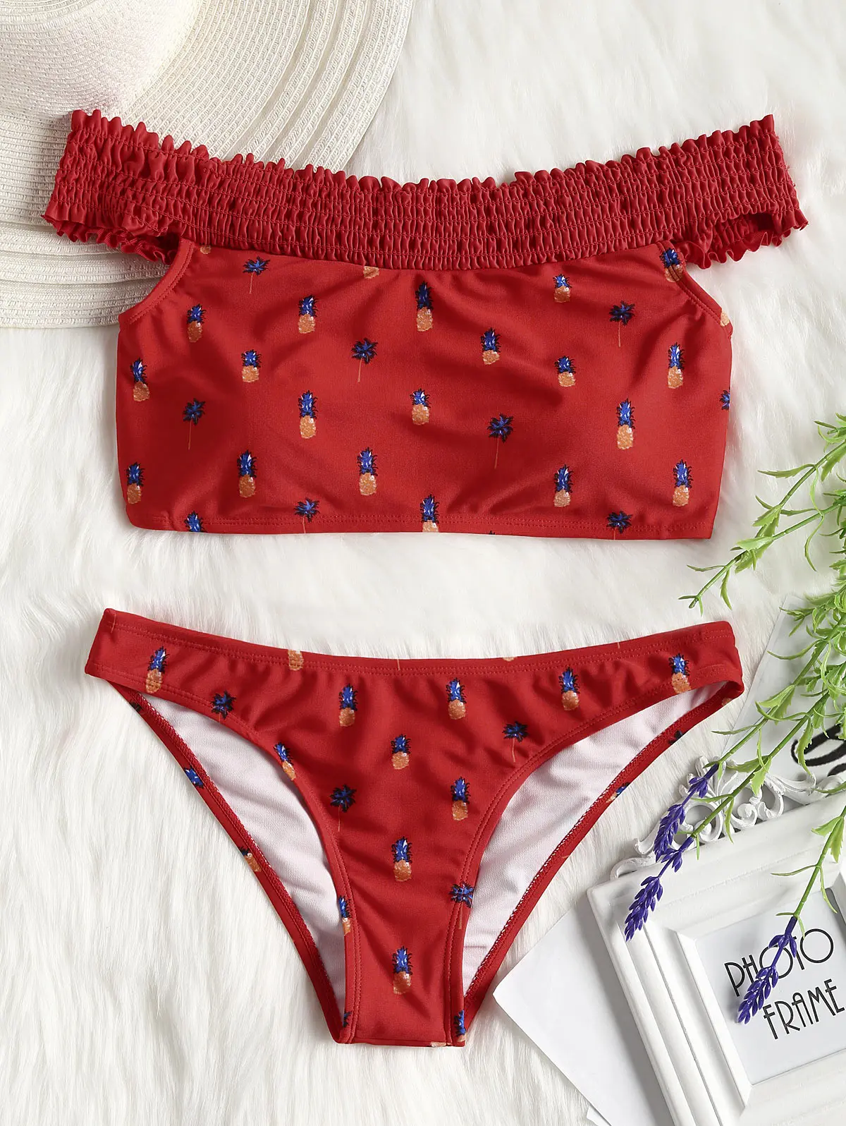 

ZAFUL Summer Two-Pieces Wire Free Low Waist Pineapple Smocked Bikini Set Off The Shoulder Pineapple Print Bathing Suit Bequini