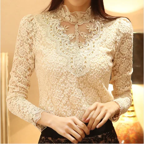 New Women Lace Embroidery Blouse Feminine Black Lace Primer Long Sleeves Shirt Plus Size 3XL Tops Blouse