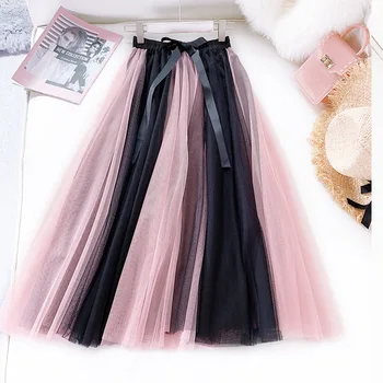 

PEONFLY Women's Tulle Plain Pleated Skirts 2019 New Fashion Hit Color Patchwork Mesh Midi Skirt High Waist Women Skirts