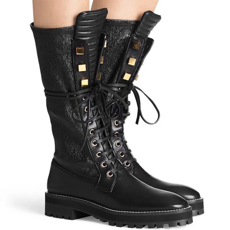

Black Leather Elspeth Turin Knee High Boots Gold Rivets Stud Lace Up Women Martin Boots Cool Winter Motorcycle Boots