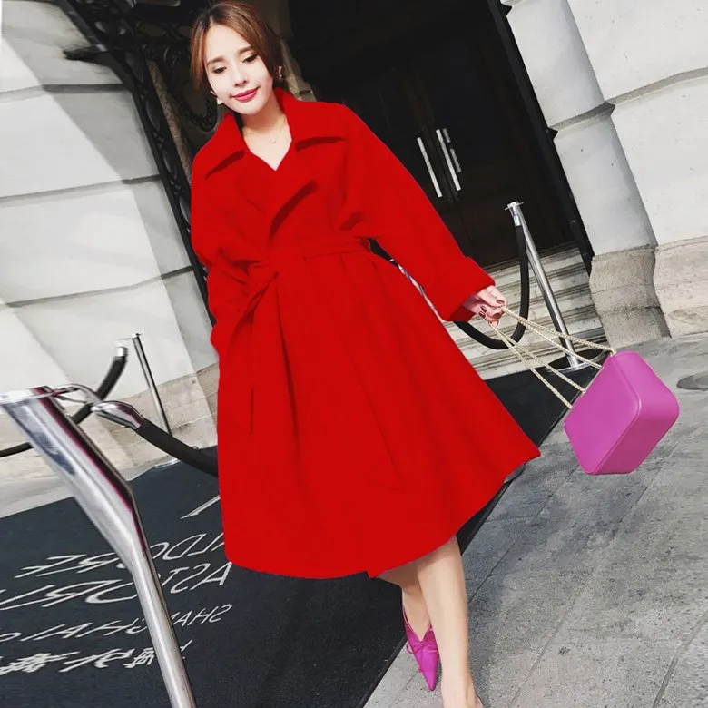 

A-Line Style Winter Wool Coat For Women Warm With Belt Woolen Jacket Womens Coats Pockets European Fashionable Outerwear