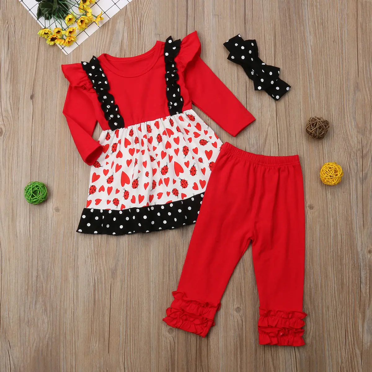 3PCS Toddler Kids Baby Girls Outfits Clothes Long Sleeve Tops Dot Dress