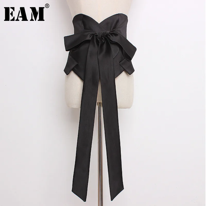 

[EAM] 2019 Spring Woman New Stylish High Quality Solid Black Color Spliced Pleated Bow Bandage Wide Waistbelt All Match LI323