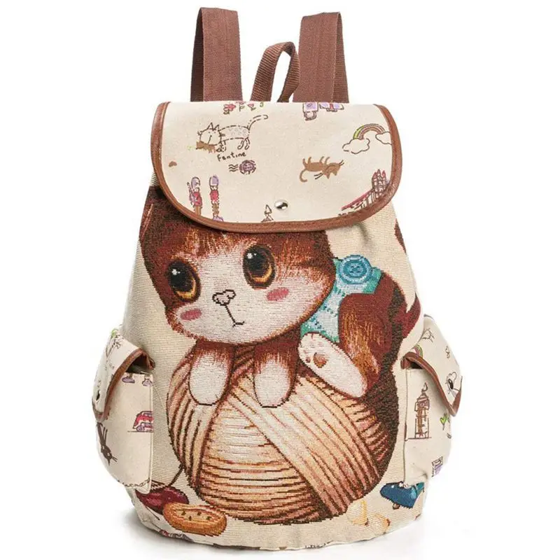 

Canvas Backpack for Women Cartoon Cat Pattern Shoulder Bag Vintage Casual Travel Backpack