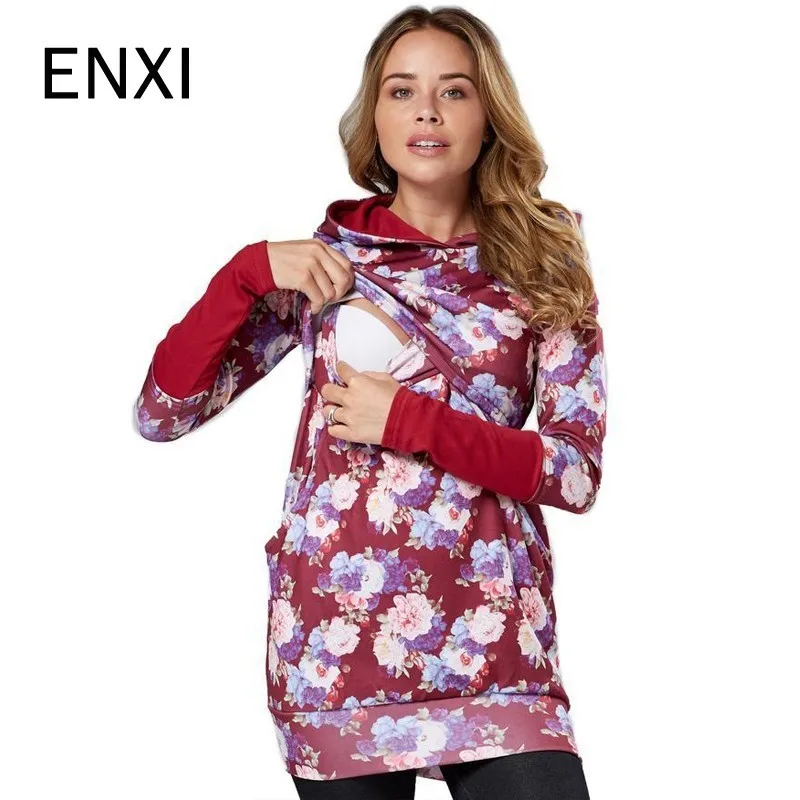 

ENXI Winter Women's Pregnant Breastfeeding Nursing Printing Hoodie Maternity Long Sleeve Breastfeeding Nursing Clothing