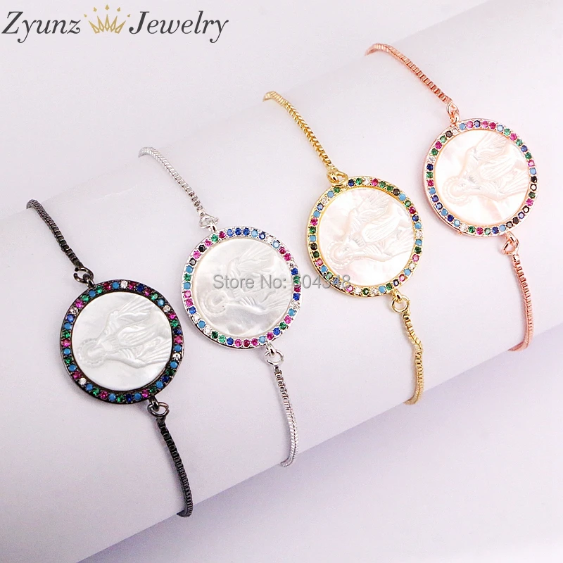 

10PCS ZYZ333-5506 CZ Micro Pave mary of virgin bead Bracelet, White Shell Round Shaped Religious Connector Bracelet
