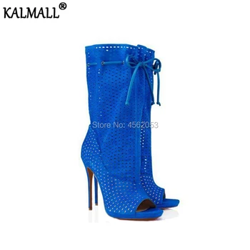 

KALMALL Black White Blue Breathable Holes Sandal Botas Summer Shoes Lace Up Stiletto High Heels Peep Toe Cut-outs Ankle Boots