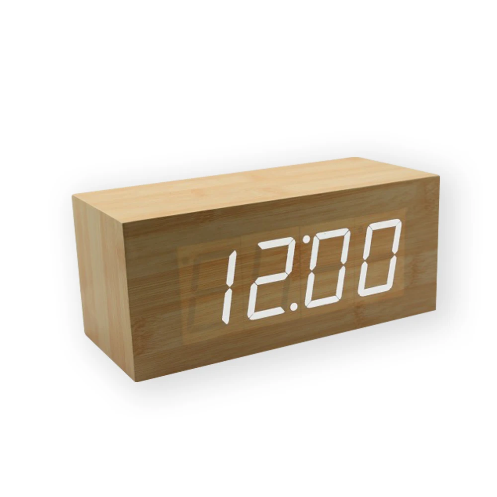 

Snooze Led Alarm Clock Rectangle Bamboo Desktop Digital Clock For Bedroom Temperature Sound Control Electronic Table Clocks