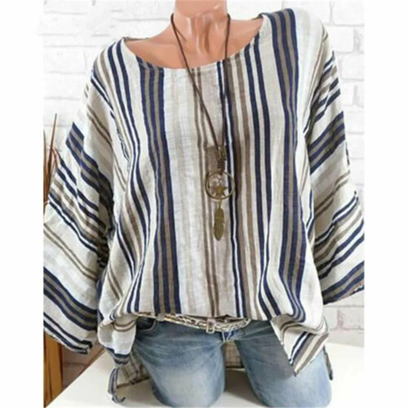 

2019 Women Striped Loose Top Raglan Batwing Sleeve Comfort Cotton Linen Baggy Tunic T Shirt Plus Size Ladies Fashion Casual Tees