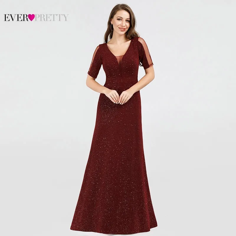 

Sequined Burgundy Mermaid Prom Dresses Long Ever Pretty V-Neck Short Sleeve Bodycon 2019 Sexy Party Gowns Mezuniyet Elbiseleri