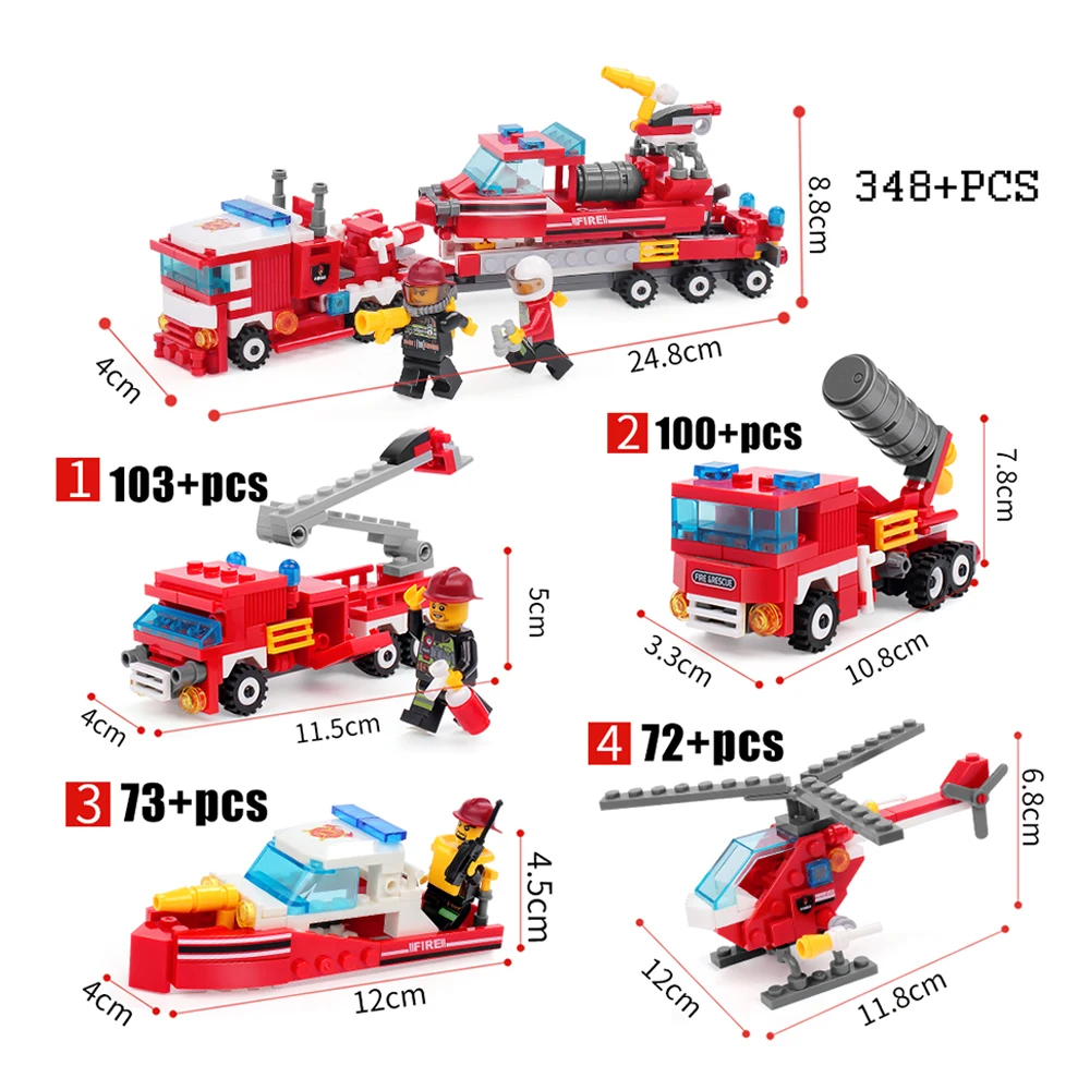 348 шт. пожарные 4in1 грузовики автомобиля Вертолет Лодка строительные блоки Совместимость le Going city пожарный цифры Детские игрушки