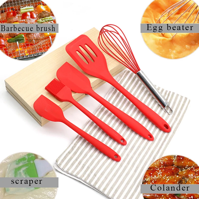 

5Pcs/Set Silicone Cooking Tool Sets Egg Beater Spoon Spatula Oil Brush Kitchenware Kitchen Utensils Sets with Box