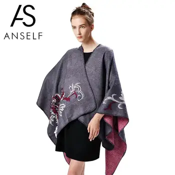 

Vintage Women Shawl Poncho Faux Cashmere Colorblock Floral Jacquard Pattern Oversized Kimono Warm Long Knitted Cardigan Cape New