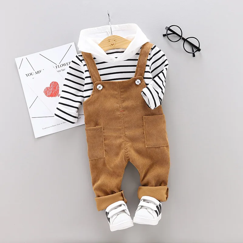 Spring Autumn Baby Boys Girls Clothes Infant Cotton Striped T Shirt Bib Pants 2pcs/sets Kids Garment Children Casual Sport Suit