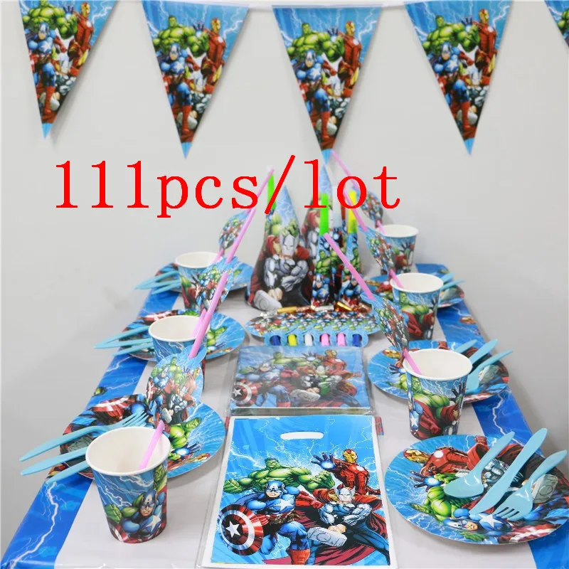 

111pcs/lot Avengers Theme Boy Birthday Wedding Gift Bag Invitation Card Baby Shower Paper Cup Plate Straw Napkin Banner Supply